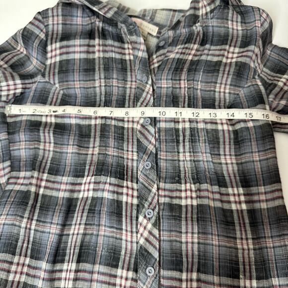 MONTEAU Blue Red Plaid 3/4 Sleeve Hooded Button Down Mini Dress Small - Picture 8 of 9